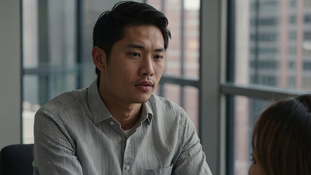 Engaging conversation about health and wellness in a modern office setting with an Asian man sharing insights and motivation to inspire positive lifestyle changes