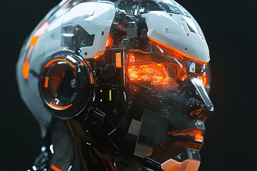 Fototapeta premium Futuristic android or robot with human features. He has a smooth, shiny surface of his head and face, resembling metal or plastic. Inside the head, complex electronic components and wires are visible,
