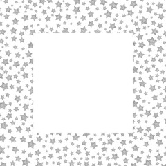 Silver Stars in Square Frame. Square frame created with silver stars arranged in varying sizes along the edges, forming a decorative border with a transparent center.

