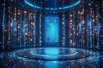 3D rendering of a futuristic background with a blue and black color palette, featuring an empty circular stage, high-tech circuits, and a holographic display, perfect for product promotion.