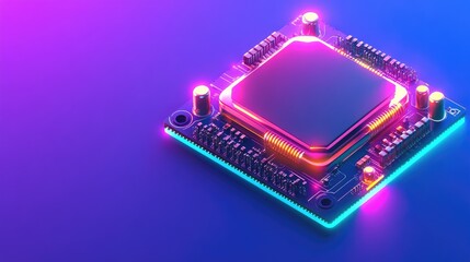 A modern microchip with glowing circuits placed on a vibrant blue background.