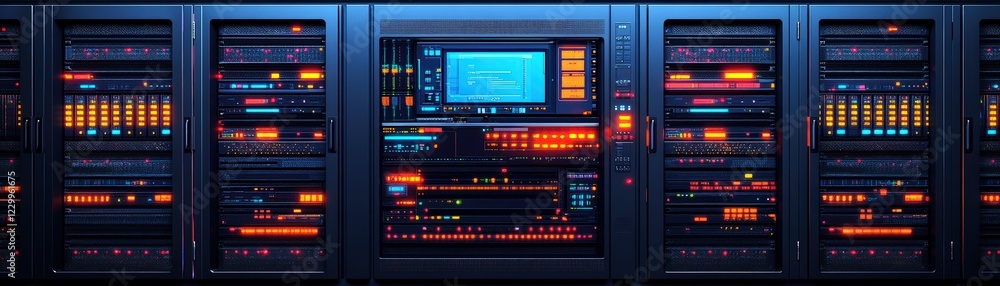 Poster multiple servers with colorful led lights illuminated in a data center environment