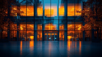 Empty office building with lights off, signifying energy-saving practices for environmental conservation, 8K high resolution with copy space