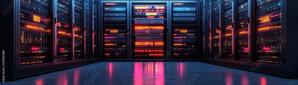 Poster server room with multiple racks of network equipment and blinking lights in a technology environment