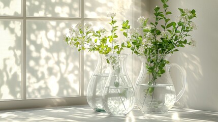 Delicate floral arrangement in glass vases bright indoor setting natural light and shadows play