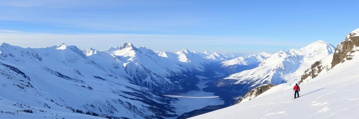 Fototapeta premium Snow-covered alps stretching endlessly towards the horizon under a clear blue winter sky, skiing, wilderness, winter