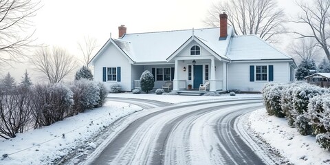 Obraz premium Snow-covered driveway leading to cozy home in winter wonderland, white, property, exterior