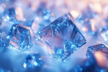 Abstract glowing blue crystal cubes on soft background, ideal for tech or science visuals