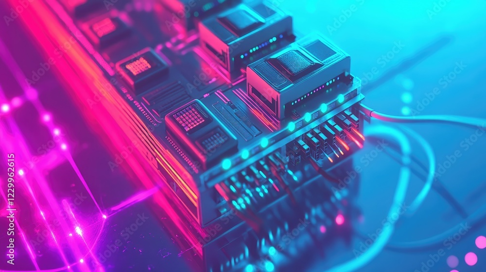 Aufkleber a network switch with multiple connected ethernet cables glowing on a neon blue background.