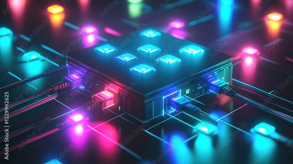 Aufkleber a network switch with multiple connected ethernet cables glowing on a neon blue background.
