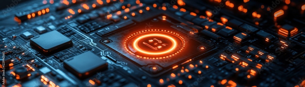 Poster close up of a computer processor illuminated by a glowing orange light on a dark background