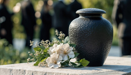 Dark gray cremation urn with rough textured surface sits next to white flowers on a stone. Ceremony during summer, family and friends gather for an outdoor funeral service. Template with copy space