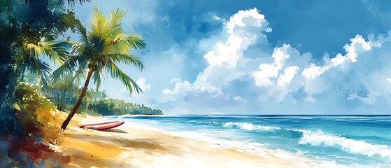 Vibrant watercolor beach vacation, palm trees, surfboards, and sunny shores, 2k 