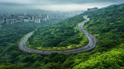 A panoramic image of a multi-lane expressway winding through lush green hills, showcasing the contrast between natural beauty and infrastructure in urban planning.