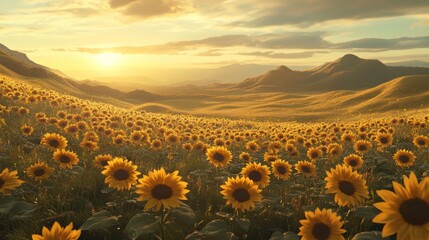 Fototapeta premium A panoramic shot of rolling hills covered in golden sunflowers swaying gently in the breeze, creating a picturesque scene bathed in warm sunlight