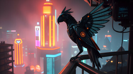 Robotic Parrot with Solar-Panel Wings on Futuristic Balcony, Steampunk Concept Art (Holographic Interface)