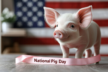 Cute piglet celebrating national pig day with pink ribbon and american flag