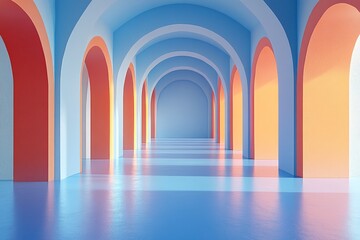 Obraz premium 3D render of a minimalistic abstract background with vertical lines, pastel gradients in blue, orange, and pink, arches, pillars, and a blue floor, with empty space for product presentation.