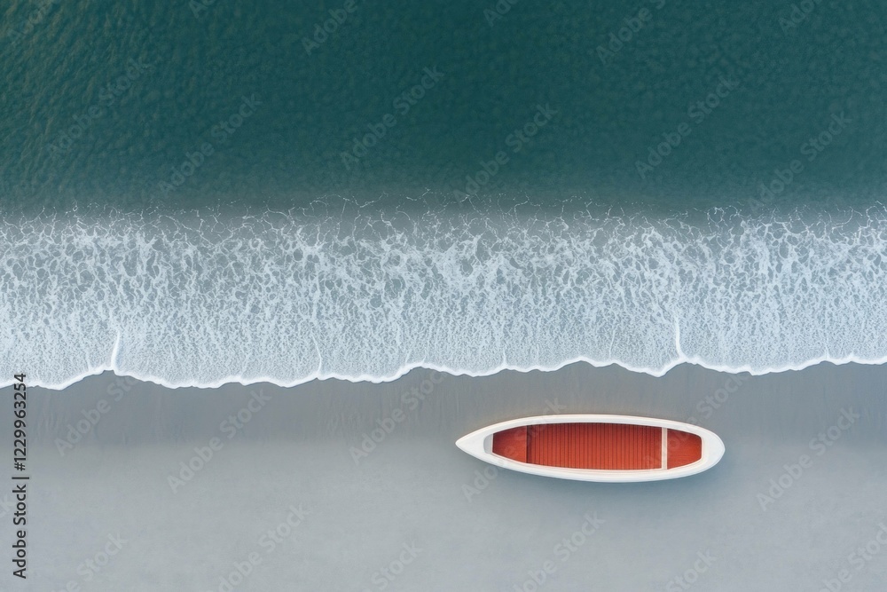 Wall mural Serene Aerial View of a White Boat on a Calm Ocean Beach with Gentle Waves and Sandy Shoreline