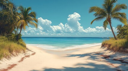 Fototapeta premium Vintage Coastal Escape: A serene retro beach scene with vintage beach umbrellas, palm trees, and gentle waves, white background, coastal design ::2 turquoise waters, sandy shores, beachfront 