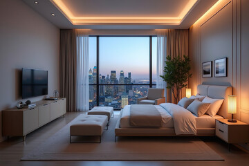 Fototapeta premium Minimalist Bedroom with California City Skyline View and Dramatic Lighting