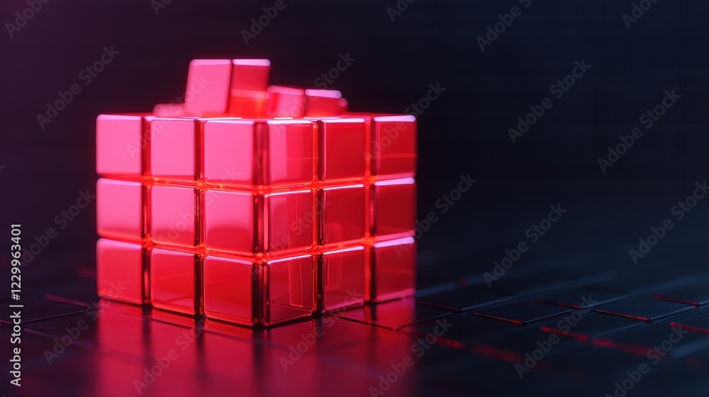 Poster glossy red cubes arranged in 3d space on dark background