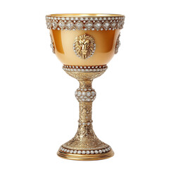 A regal golden goblet encrusted with diamonds, featuring intricate lion motifs and ornate carvings. A true symbol of luxury and power.