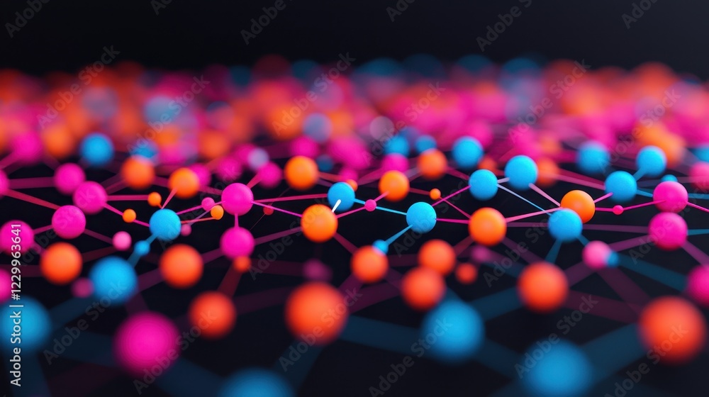 Poster colorful abstract network of nodes and connections on dark background