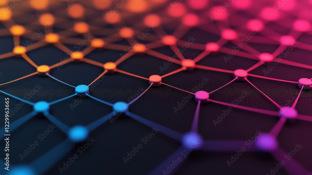 Poster colorful network connections with nodes and lines on dark background