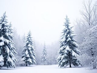 Naklejka premium Snow-covered trees in a winter wonderland with falling snowflakes, trees, snowfall, tranquil
