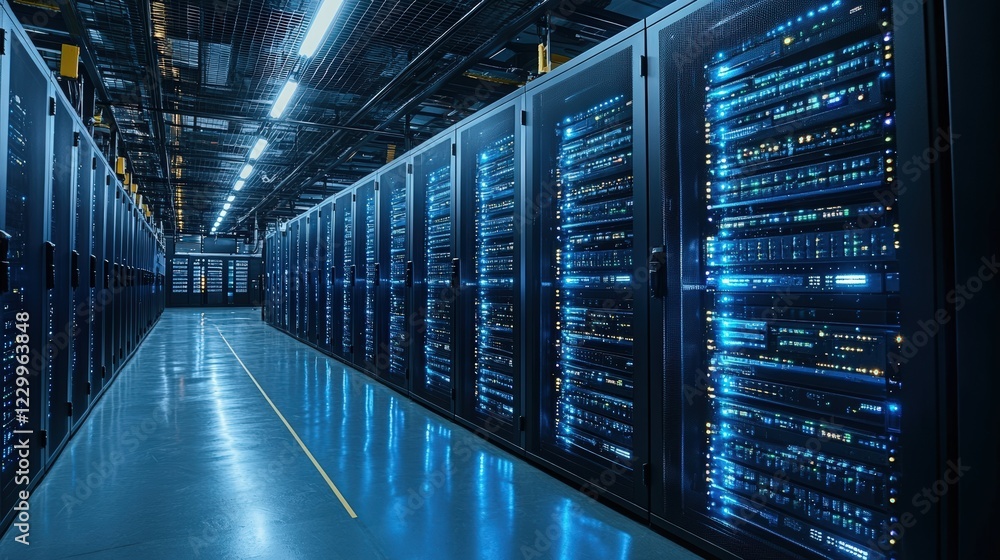 Poster long row of servers lined up in a modern data center room with cooling systems and cables