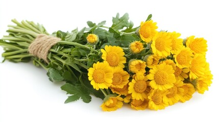 Tied bouquet of yellow chrysanthemum flowers isolated on white background.