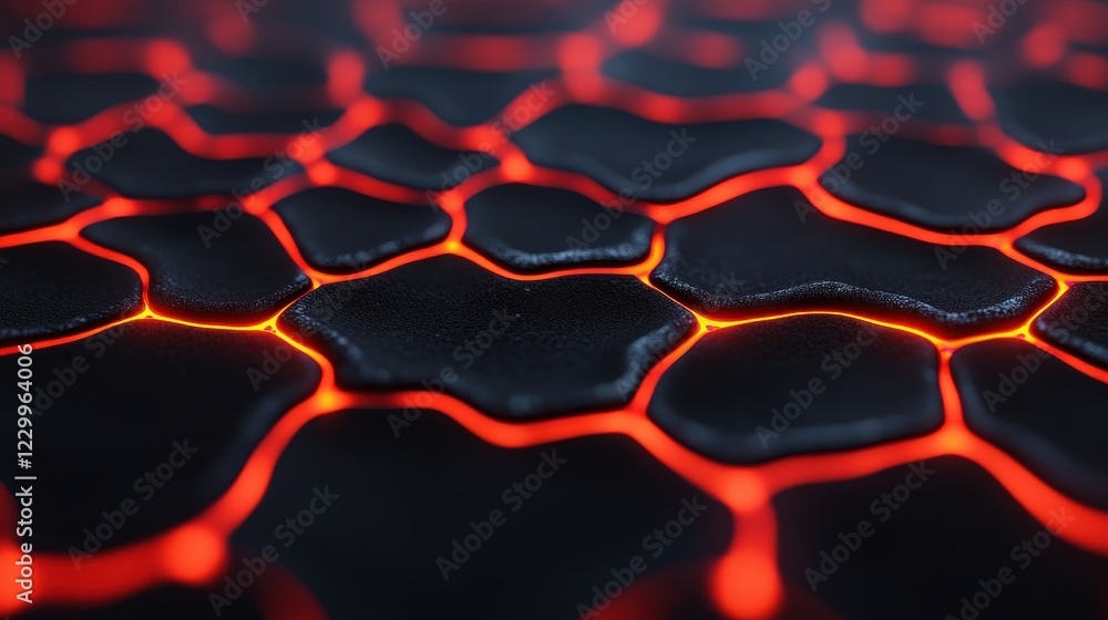 Poster abstract close-up of lava flow with glowing red cracks and black texture
