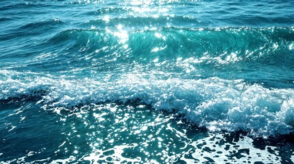 High-resolution ocean surface with soft undulating waves and sunlight reflections, forming a peaceful marine-inspired backdrop with a luxurious green-blue tint. 