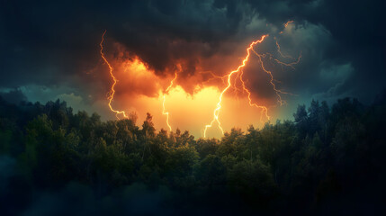 Fototapeta premium Bright Flashes Illuminate a Stormy Night Over a Dense Forest Landscape in a Dramatic Display of Nature's Power. Generative AI