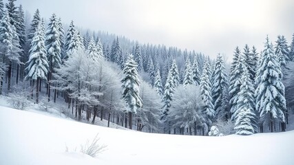 Obraz premium Snowy forest paradise showcasing serene beauty and winter charm with snow-covered trees, a peaceful landscape, and a sense of tranquility, landscape, snow-covered, charm