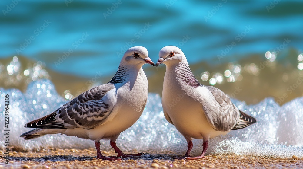 Aufkleber a picturesque view of two doves walking side by side on a sandy beach, with gentle waves lapping in 
