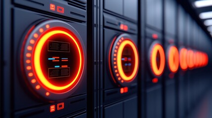 Futuristic Server Room with Glowing Red Circular Displays and Racks