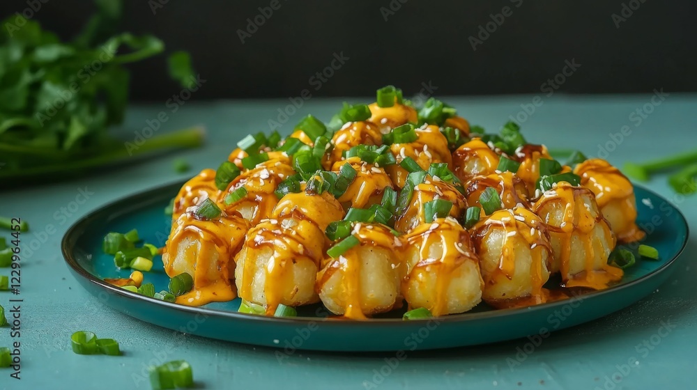 Poster a playful composition of cheese balls on a bright plate, drizzled with spicy sauce and topped with c