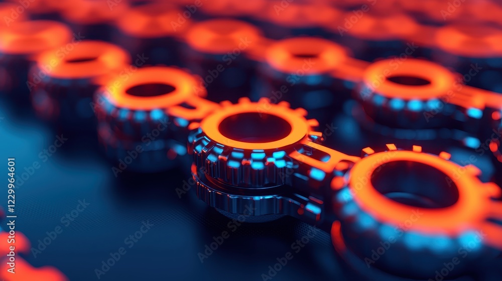 Poster vibrant abstract gears background with neon and mechanical elements