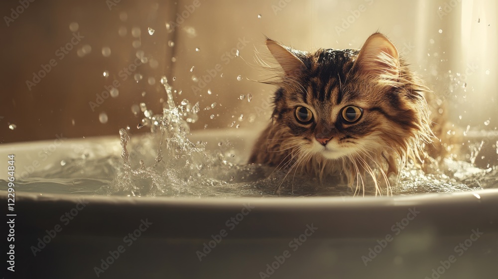 Poster a playful image of a fluffy cat cautiously stepping into a bathtub filled with warm water, with spla