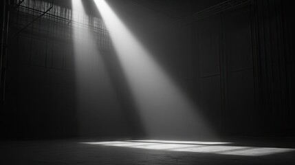A single overhead spotlight in a vast dark warehouse, casting eerie elongated shadows.