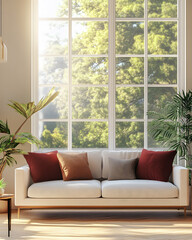 Linen sofa against wall, modern living room, big window, minimalist apartment, beige and bordo interior design