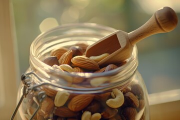Assorted Nut Mix A glass jar filled with almonds, cashews, and walnuts