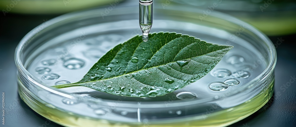 Poster leaf floating on surface of water in clear glass container with reflections and ripples