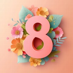 number 8 with floral elements, set against a white background for International Women's Day celebration. delicate flowers or leaves growing.