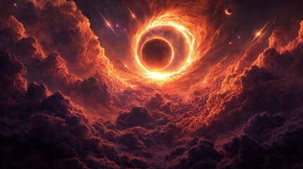 Apocalyptic sky with fiery red and purple clouds, a massive planetary eclipse, and meteors streaking across the horizon, evoking a sense of cosmic destruction and rebirth.