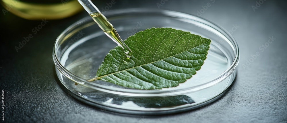 Poster leaf submerged in clear glass of water with reflections and bubbles floating around it