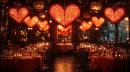 A banquet room with tables covered in heart-shaped decor