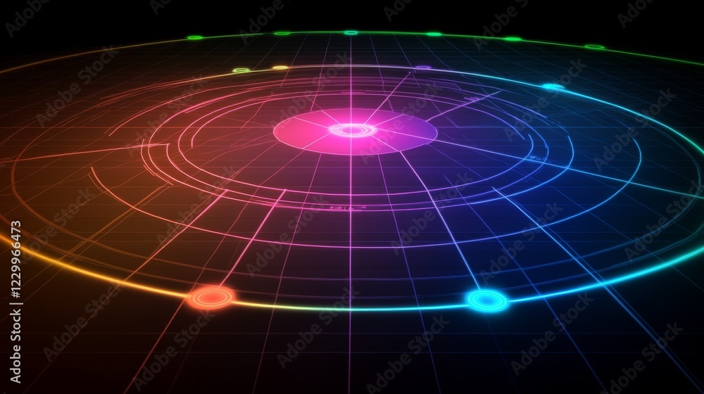 Poster a radar chart in neon colors on a dark grid background, with lines and points showing data intersect